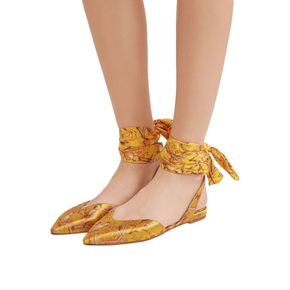 Tabitha Simmons + Johanna Ortiz Yellow Floral Satin Flats Sz 8 (US) 38 (EU) NEW!